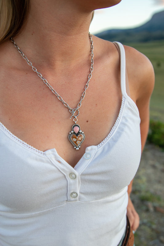 Spotted Fawn Jasper heart and Pink Conch sterling silver toggle necklace handmade by Donnalee Silver