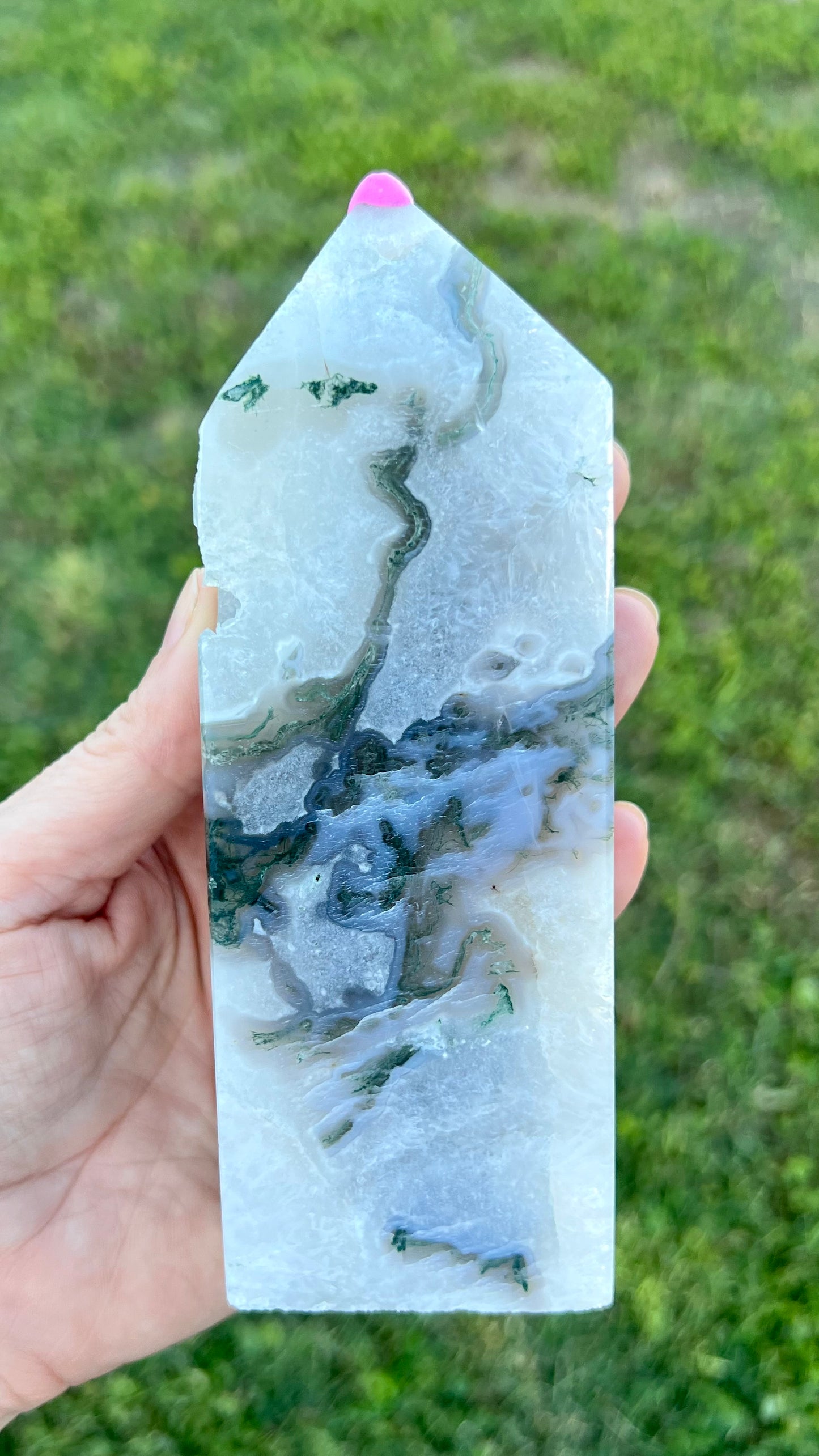 Blue Moss Agate with Calcite Tower