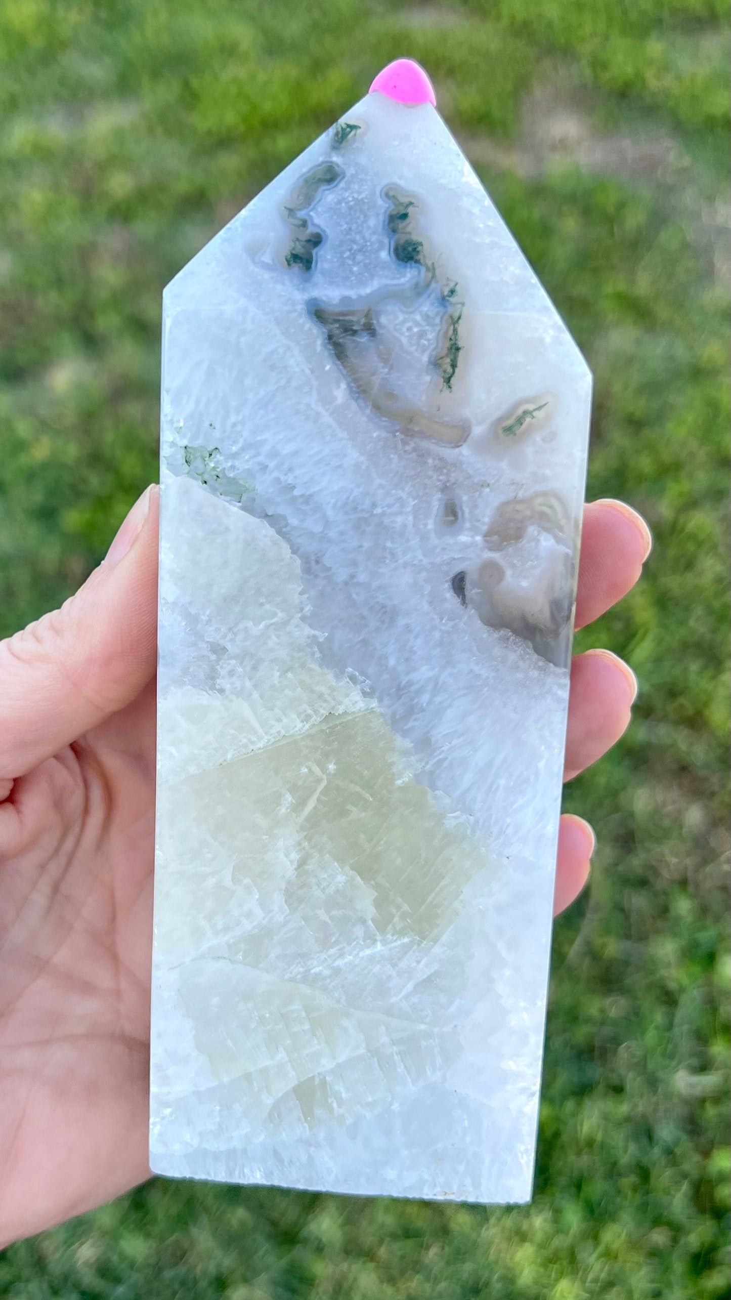Blue Moss Agate with Calcite Tower