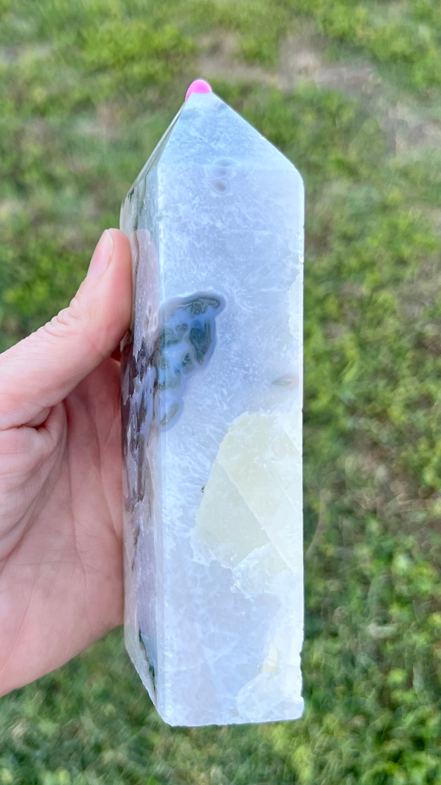 Blue Moss Agate with Calcite Tower