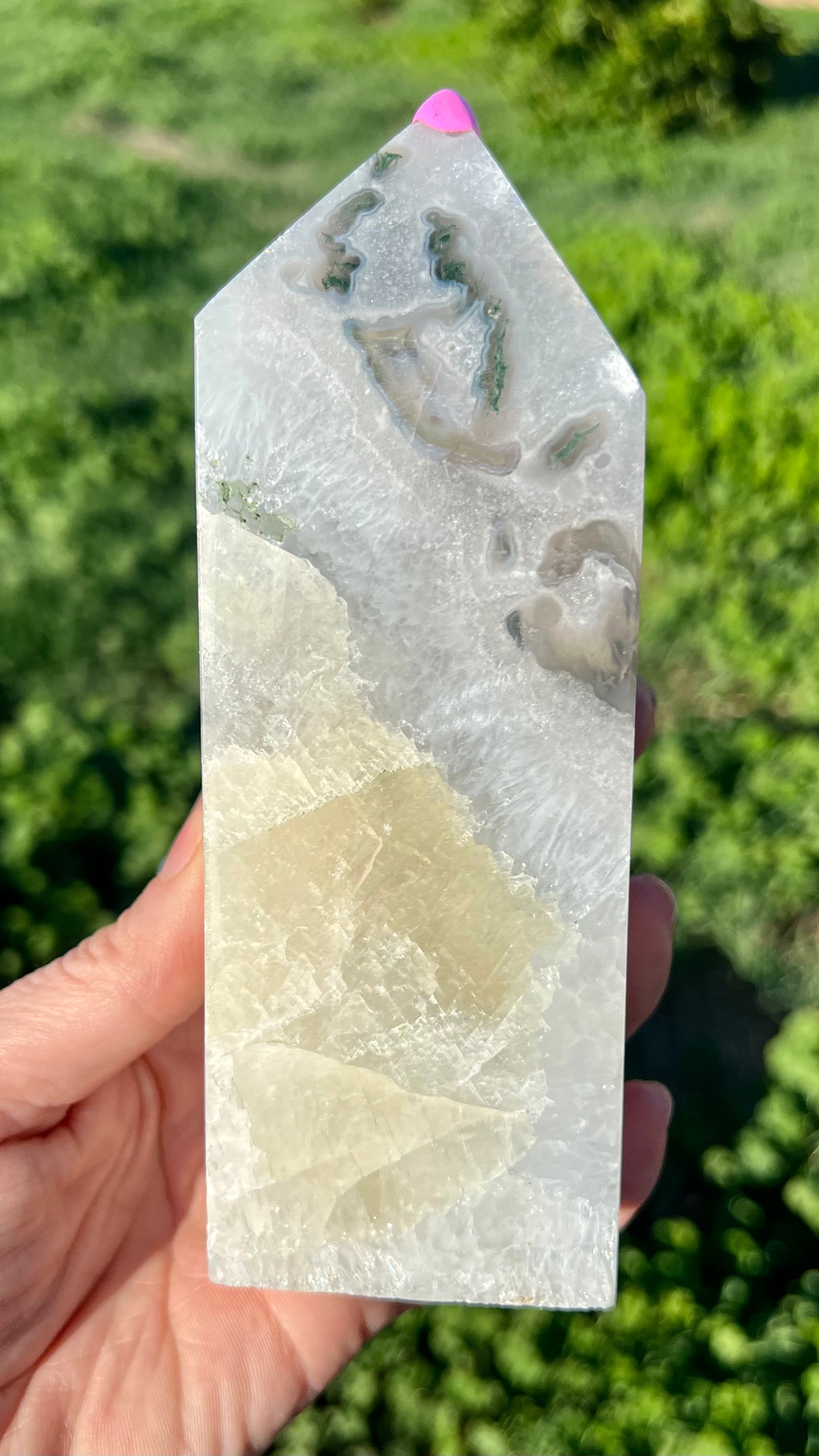 Blue Moss Agate with Calcite Tower