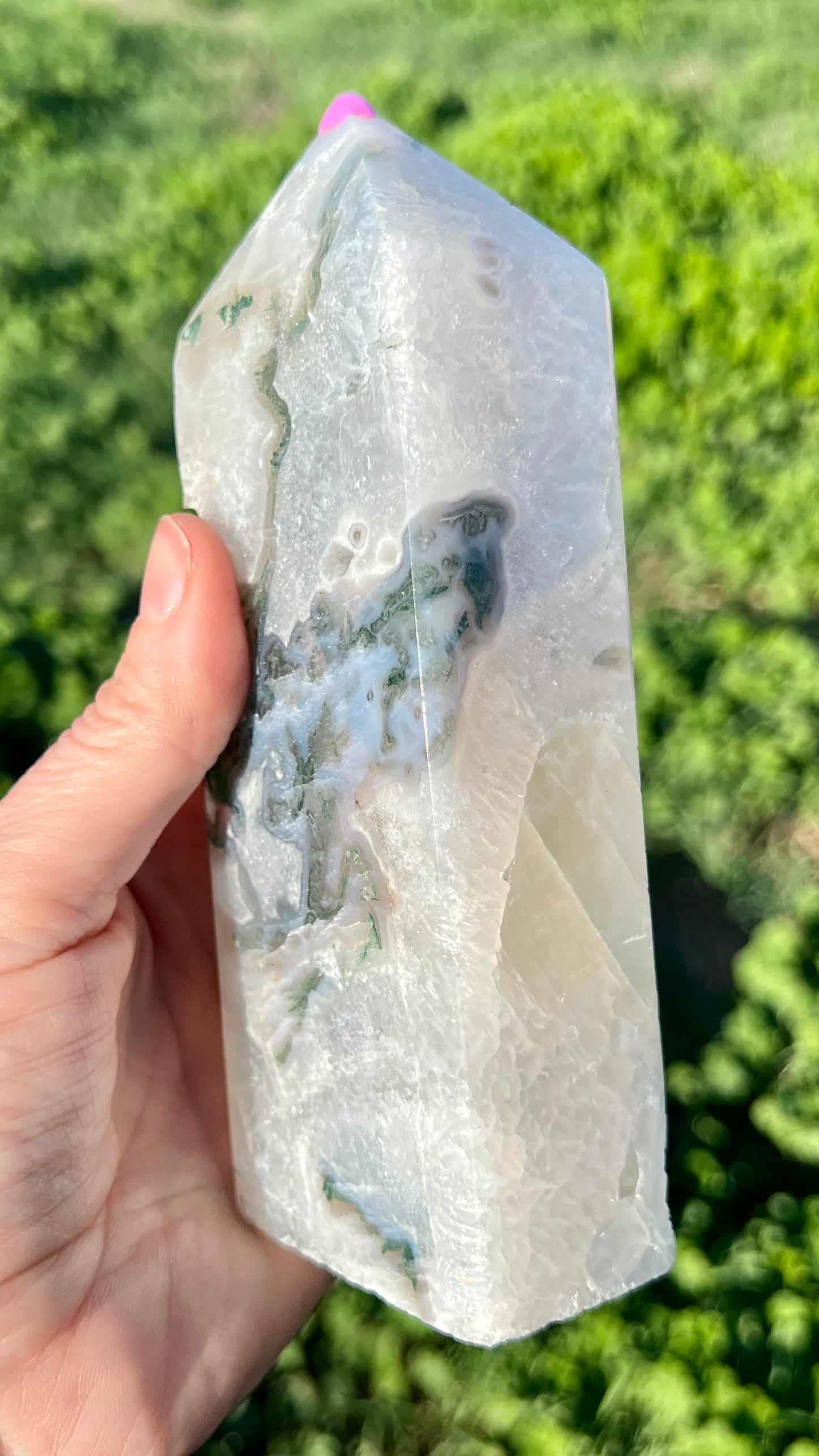 Blue Moss Agate with Calcite Tower
