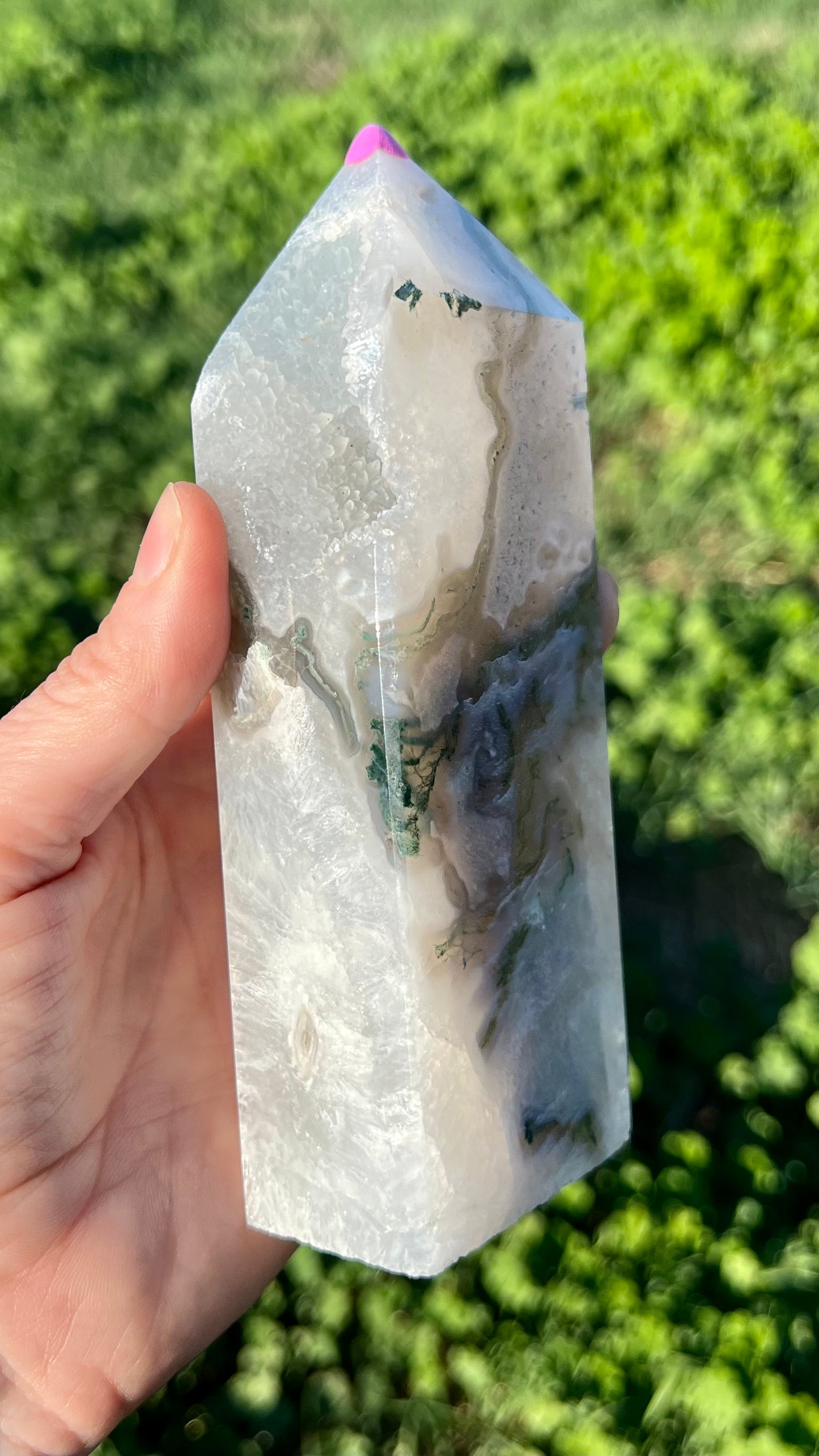 Blue Moss Agate with Calcite Tower