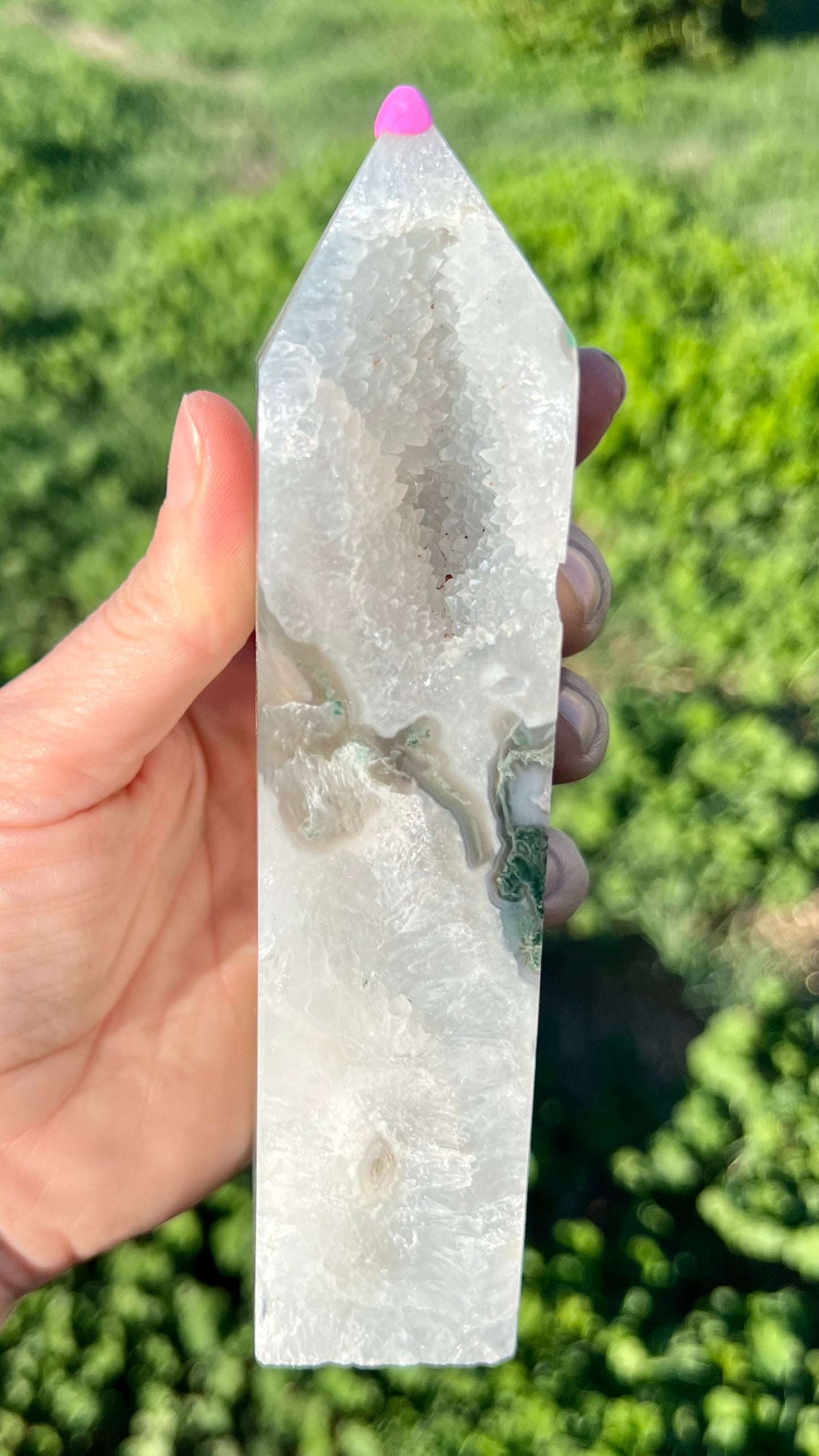 Blue Moss Agate with Calcite Tower