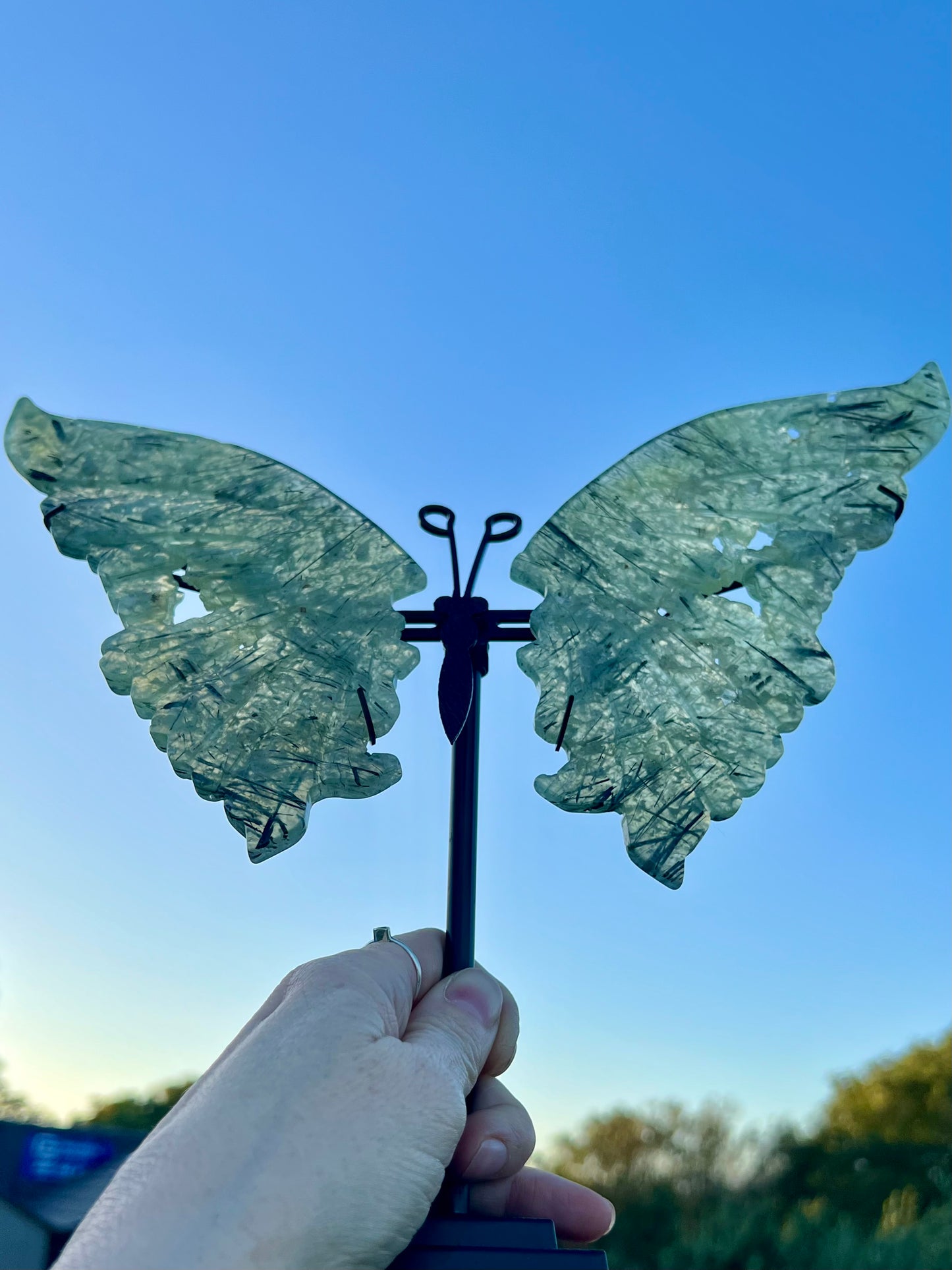 Large Prehnite Druzy Butterfly with Stand