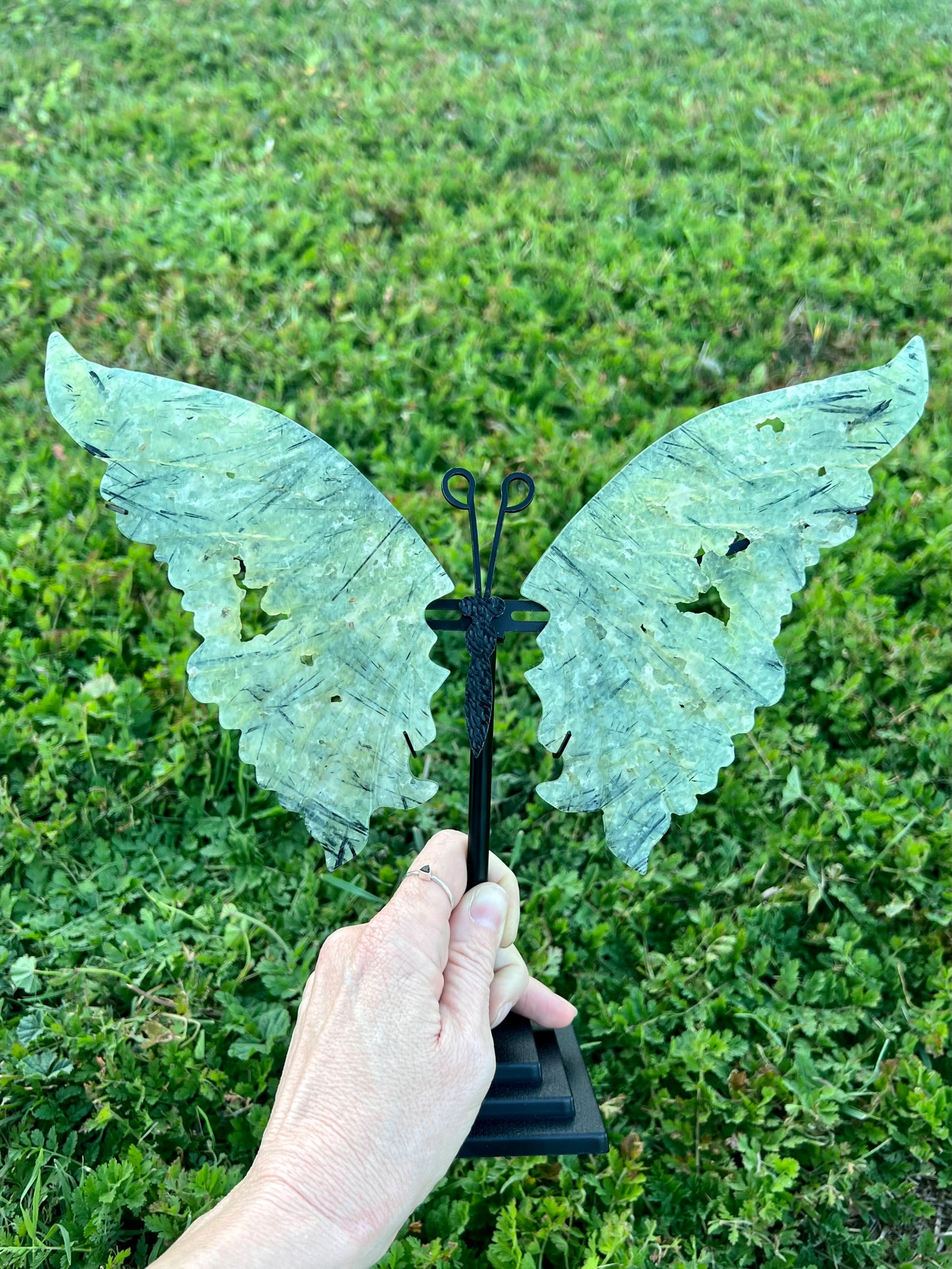 Large Prehnite Druzy Butterfly with Stand