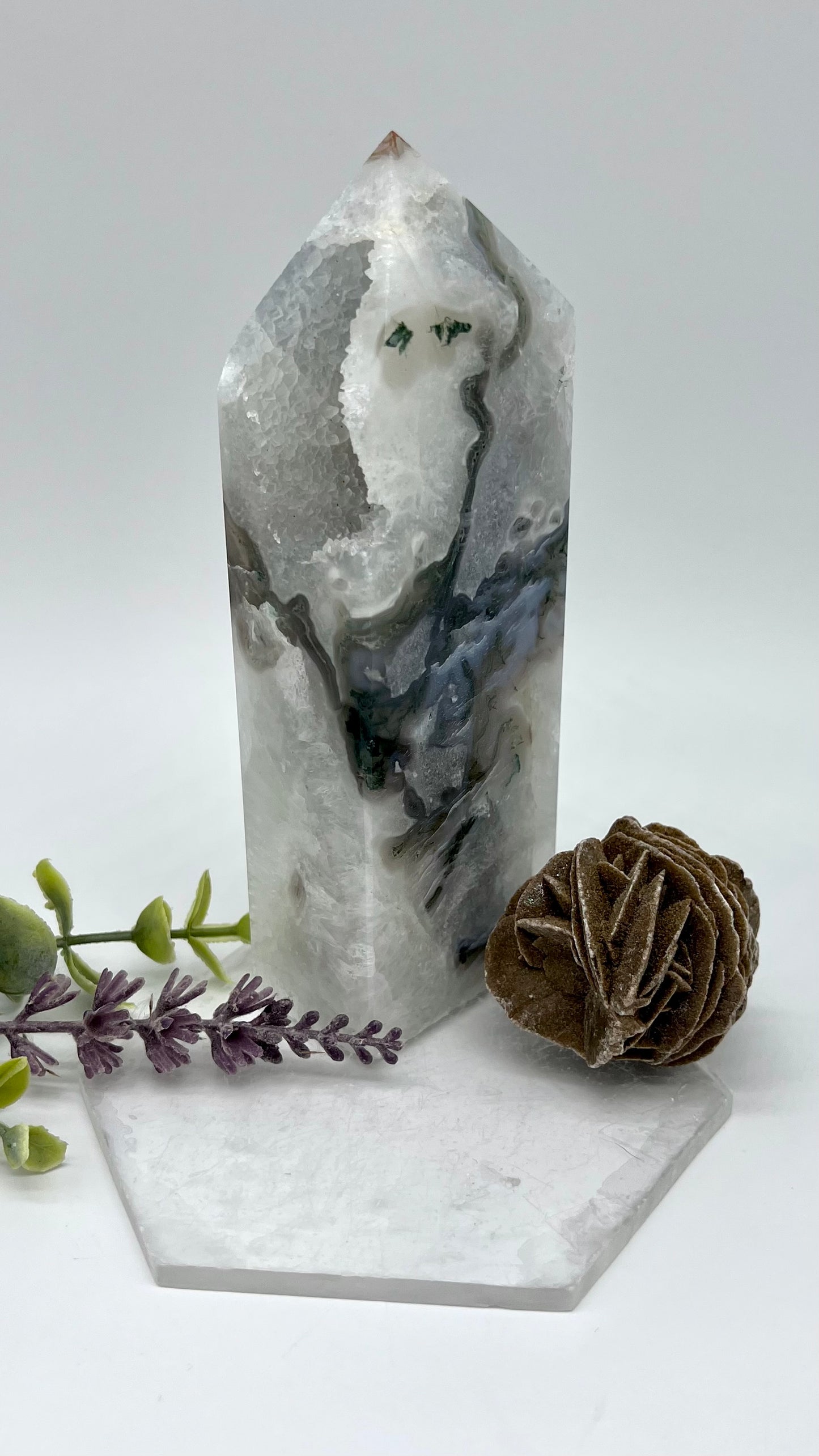 Blue Moss Agate with Calcite Tower