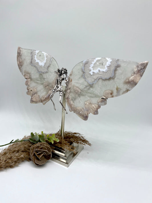 Large Prasiolite Blue Lace Flower Agate Druzy Fairy with Stand