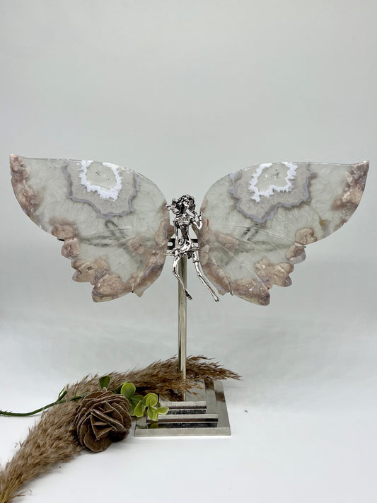 Large Prasiolite Blue Lace Flower Agate Druzy Fairy with Stand