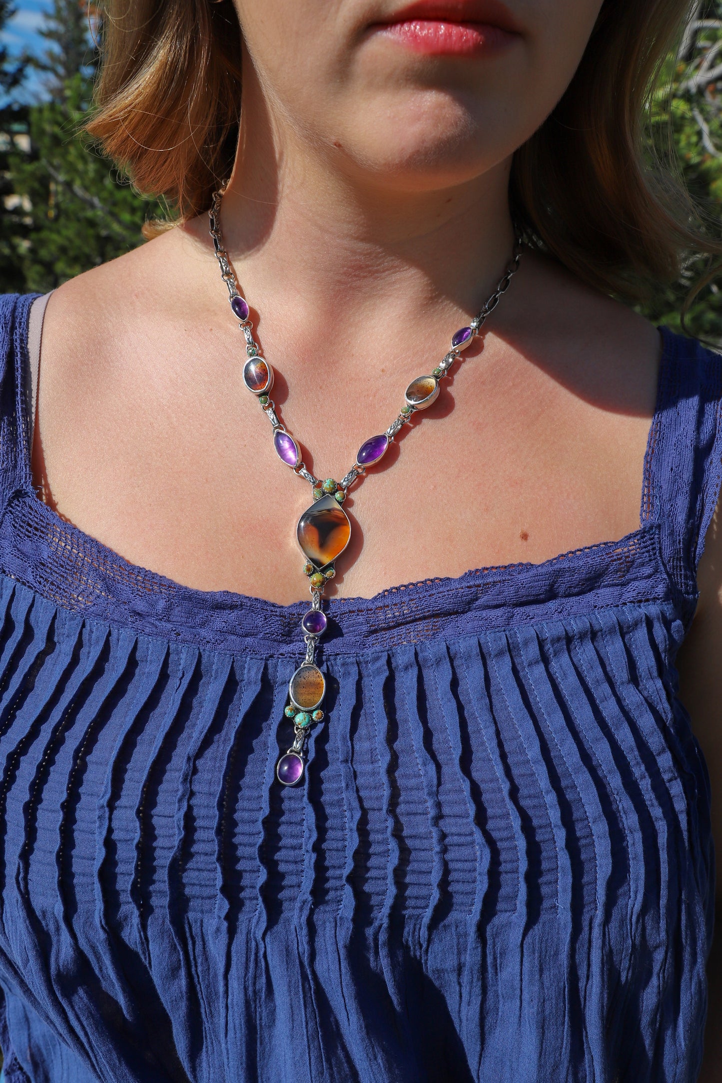 Montana Agate, Kingman Turquoise & Amethyst Lariat Necklace | Montana Collection
