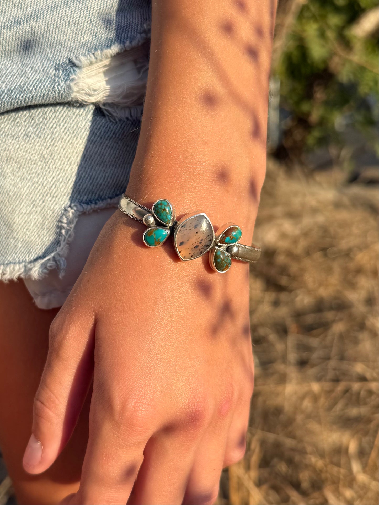Montana Agate and Kingman Turquoise sterling silver cuff bracelet handmade by Donnalee Silver.