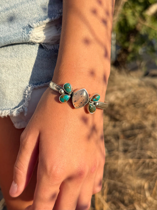 Montana Agate and Kingman Turquoise sterling silver cuff bracelet handmade by Donnalee Silver.