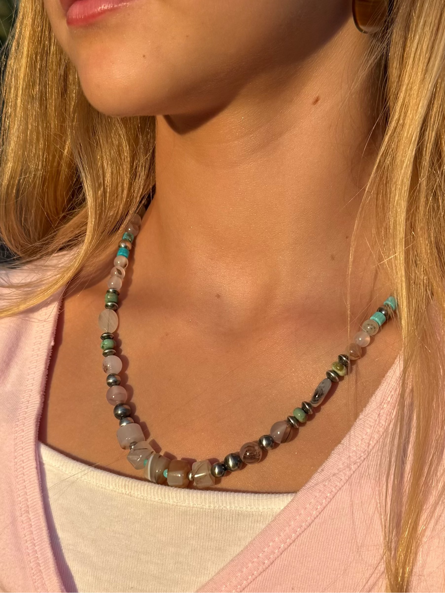 Montana Agate, Kingman Turquoise & Sterling Silver Pearl Beaded Necklace | Montana Collection
