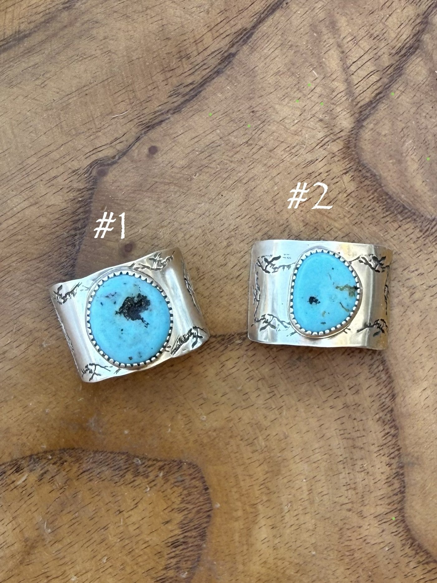 Two handmade Kingman Turquoise sterling silver braid covers with Ear Mountain stamped details, Options 1 and 2.