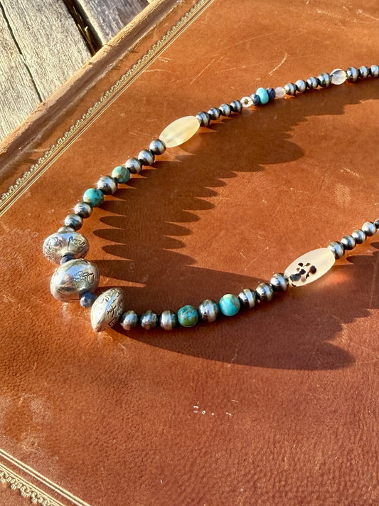 Handmade Montana Agate Sapphire and Kingman turquoise beaded necklace with sterling silver pearls