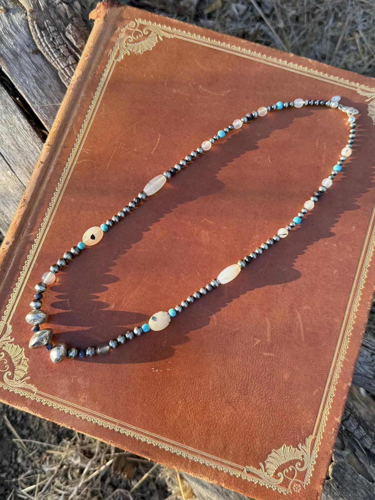 Montana Agate Sapphire and Kingman turquoise beaded necklace with handmade stamped sterling silver pearls by Donnalee Silver