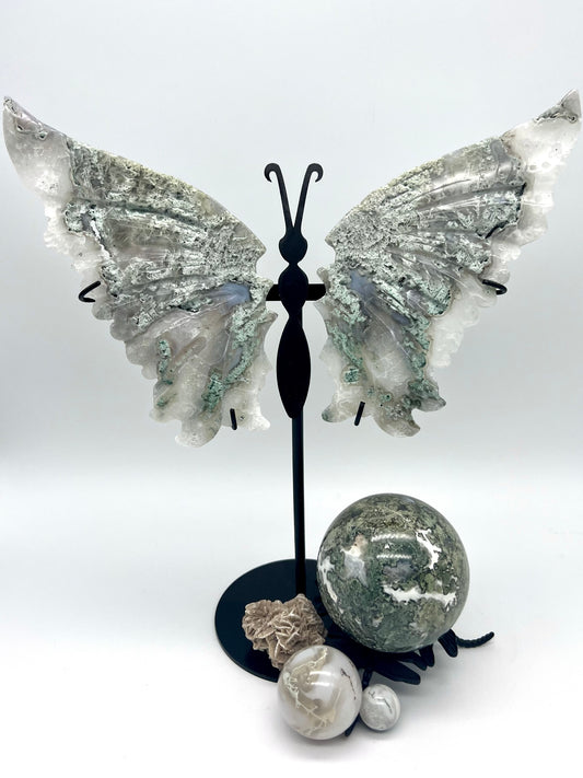 Moss Agate Druzy Butterfly with Stand