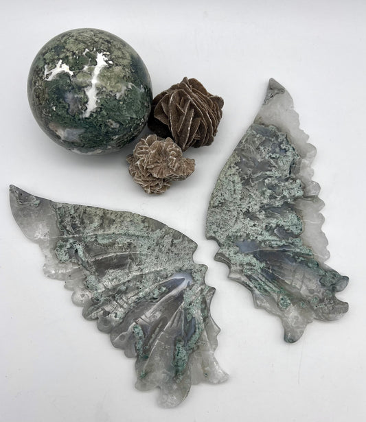 Moss Agate Druzy Butterfly with Stand