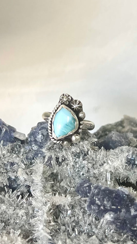 Dainty Larimar Sterling Silver Ring - Anxiety, Communication, Prosperity, calming