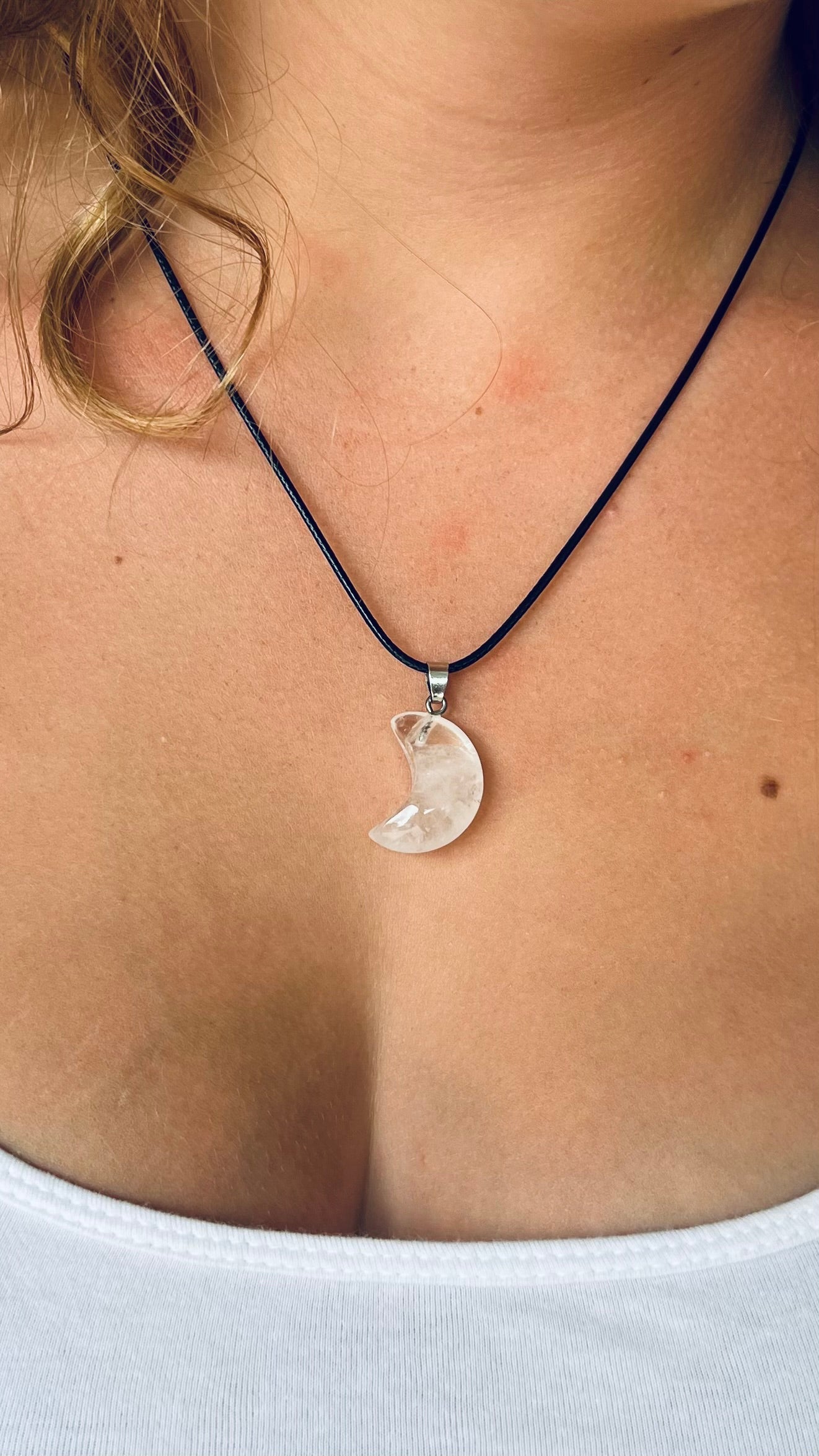Crystal Moon Necklace - Clear Quartz, Howlite, Labradorite, Dendritic, Amethyst, Money Agate, Dragon Blood, dendritic Agate, Flower Agate, Carnelian with Quartz, Black Banded agate, Moss Agate