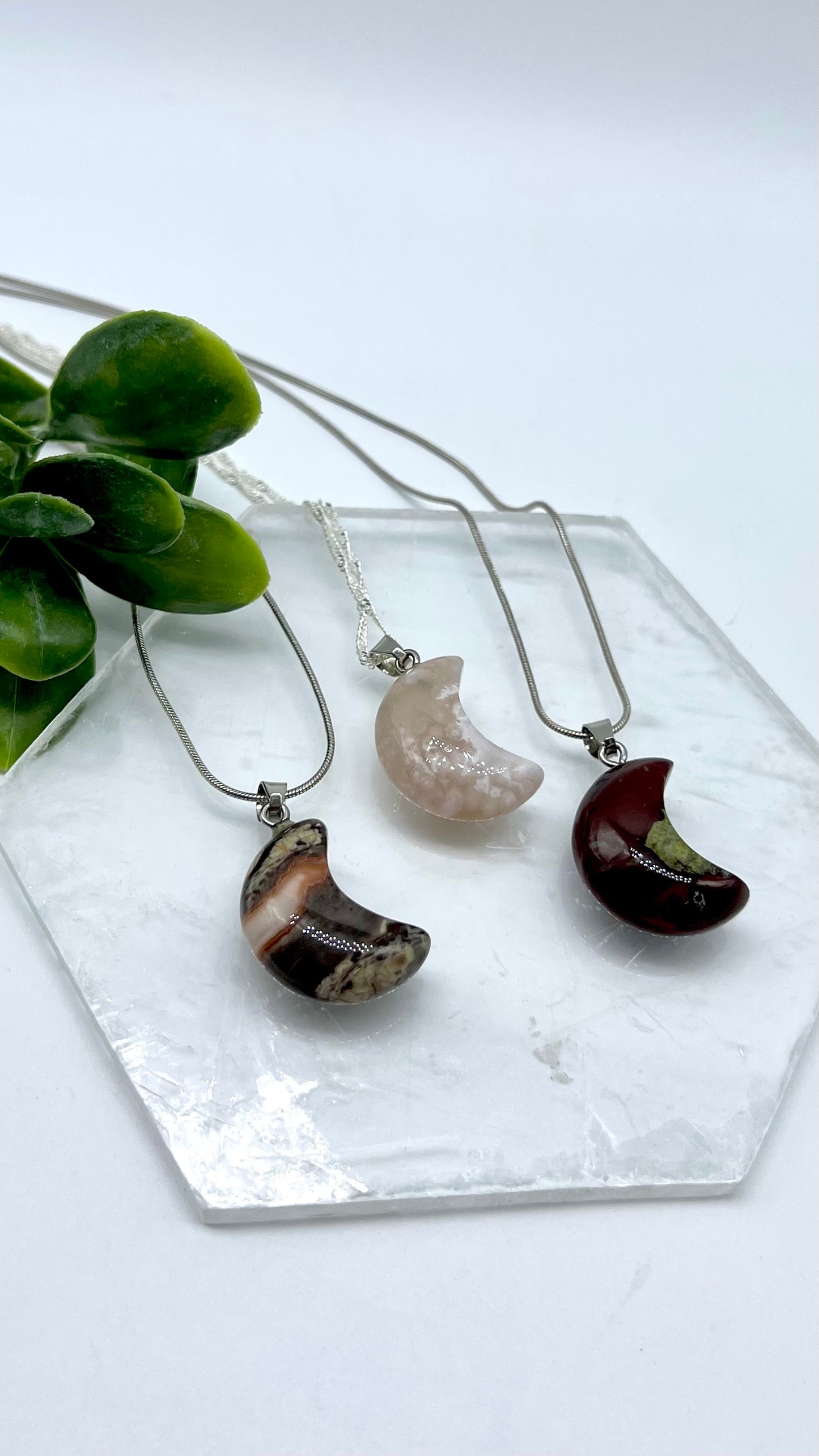 Crystal Moon Necklace - Clear Quartz, Howlite, Labradorite, Dendritic, Amethyst, Money Agate, Dragon Blood, dendritic Agate, Flower Agate, Carnelian with Quartz, Black Banded agate, Moss Agate