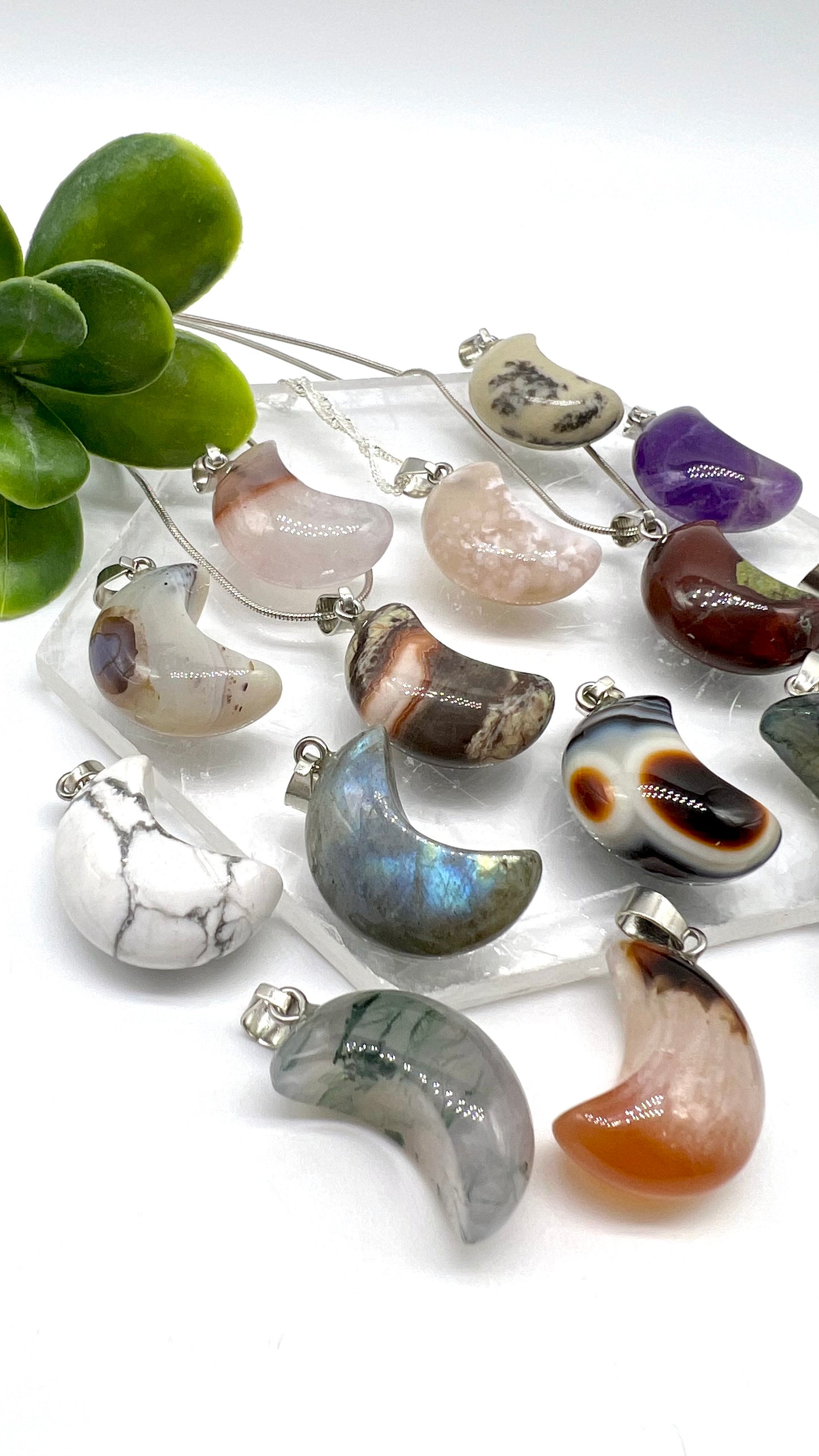 Crystal Moon Necklace - Clear Quartz, Howlite, Labradorite, Dendritic, Amethyst, Money Agate, Dragon Blood, dendritic Agate, Flower Agate, Carnelian with Quartz, Black Banded agate, Moss Agate