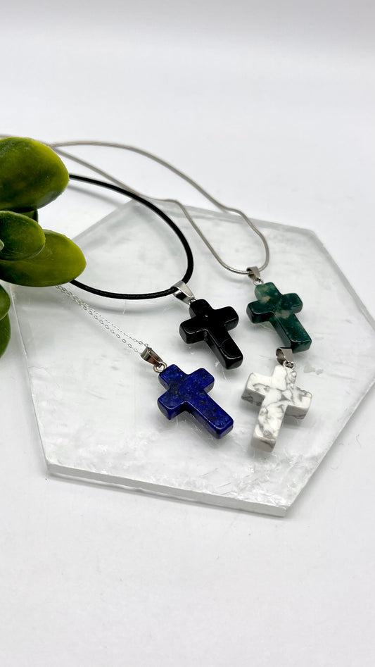 Crystal Cross Necklace - Obsidian, Sodalite, Howlite, Moss Agate