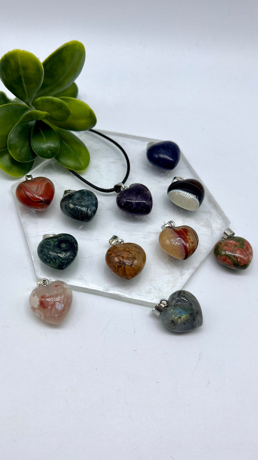 Small Heart Crystal Necklace - Flower Agate, Cherry Agate, Moss Agate, Unakite, Amethyst, Kambaba, Black Banded Agate, Sodalite, Sardonyx, Labradorite