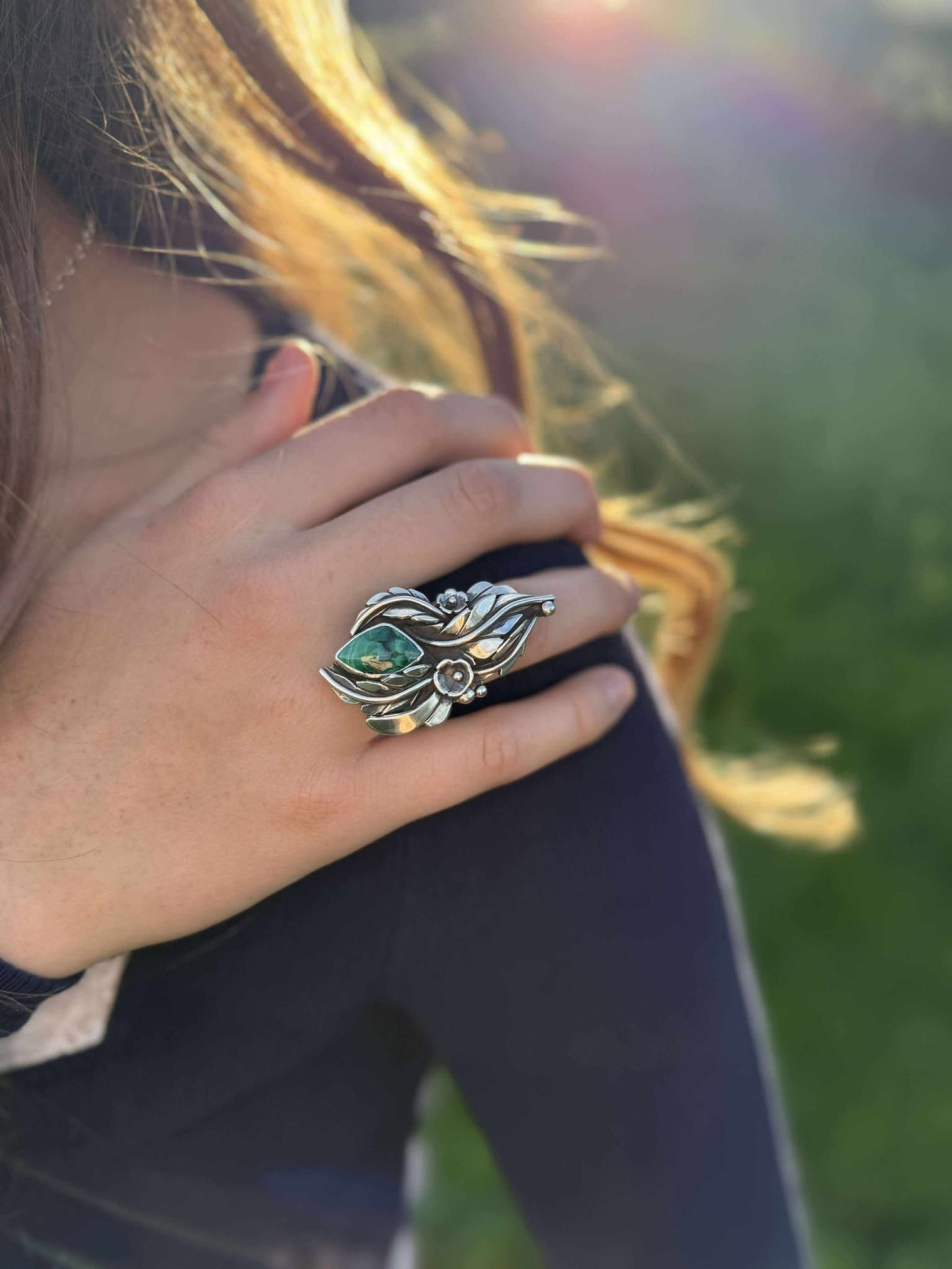 Malachite flower ring worn on hand, boho western statement jewelry