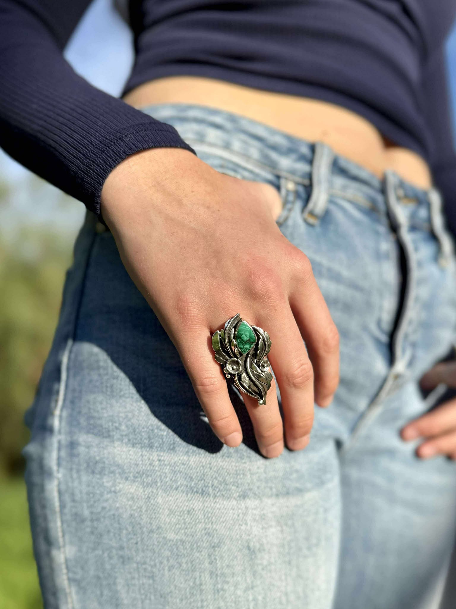 Malachite flower ring worn on hand, boho western statement jewelry ring