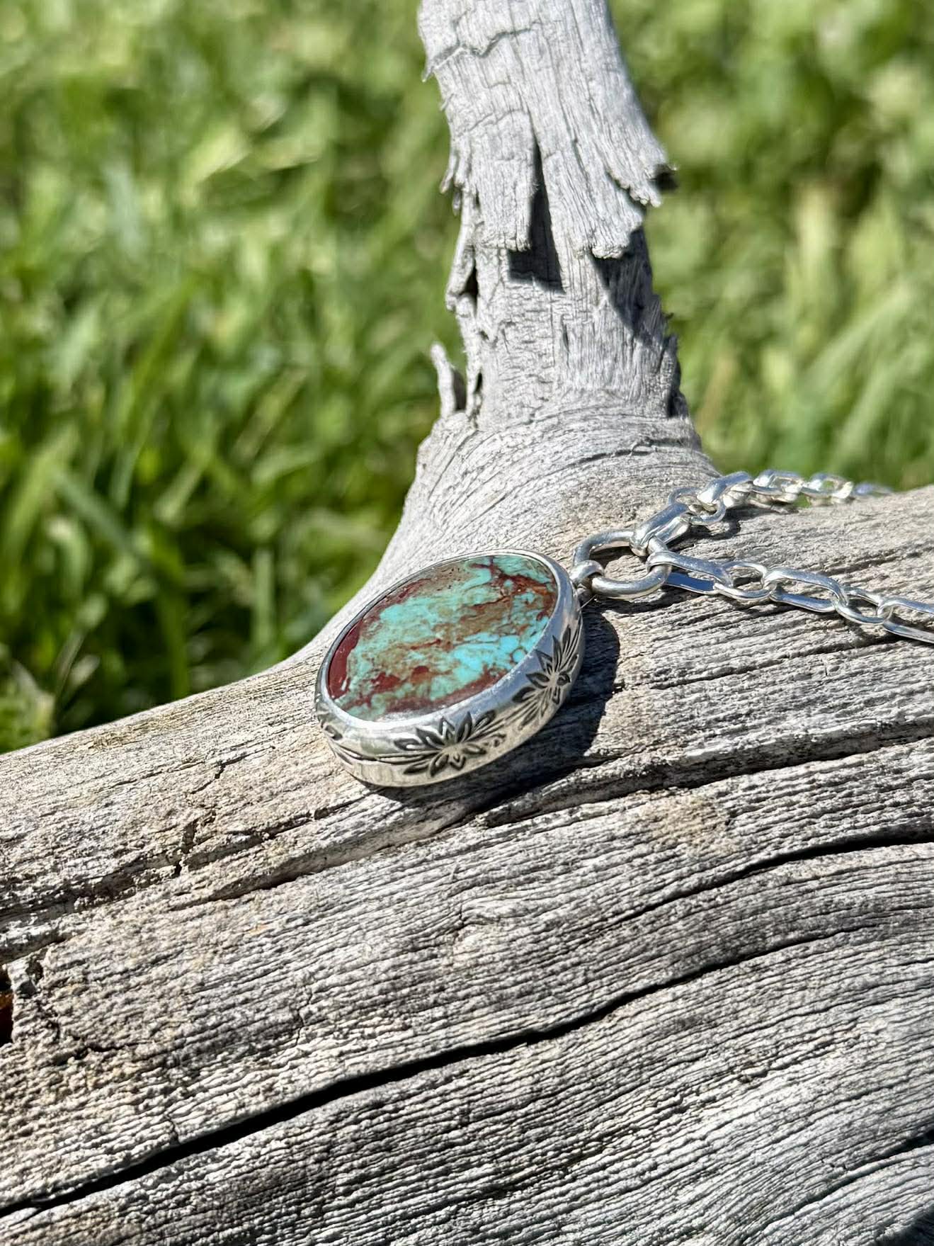 Handmade chunky Royston turquoise necklace with sterling silver pendant and stamped bezel detail, western boho statement jewelry