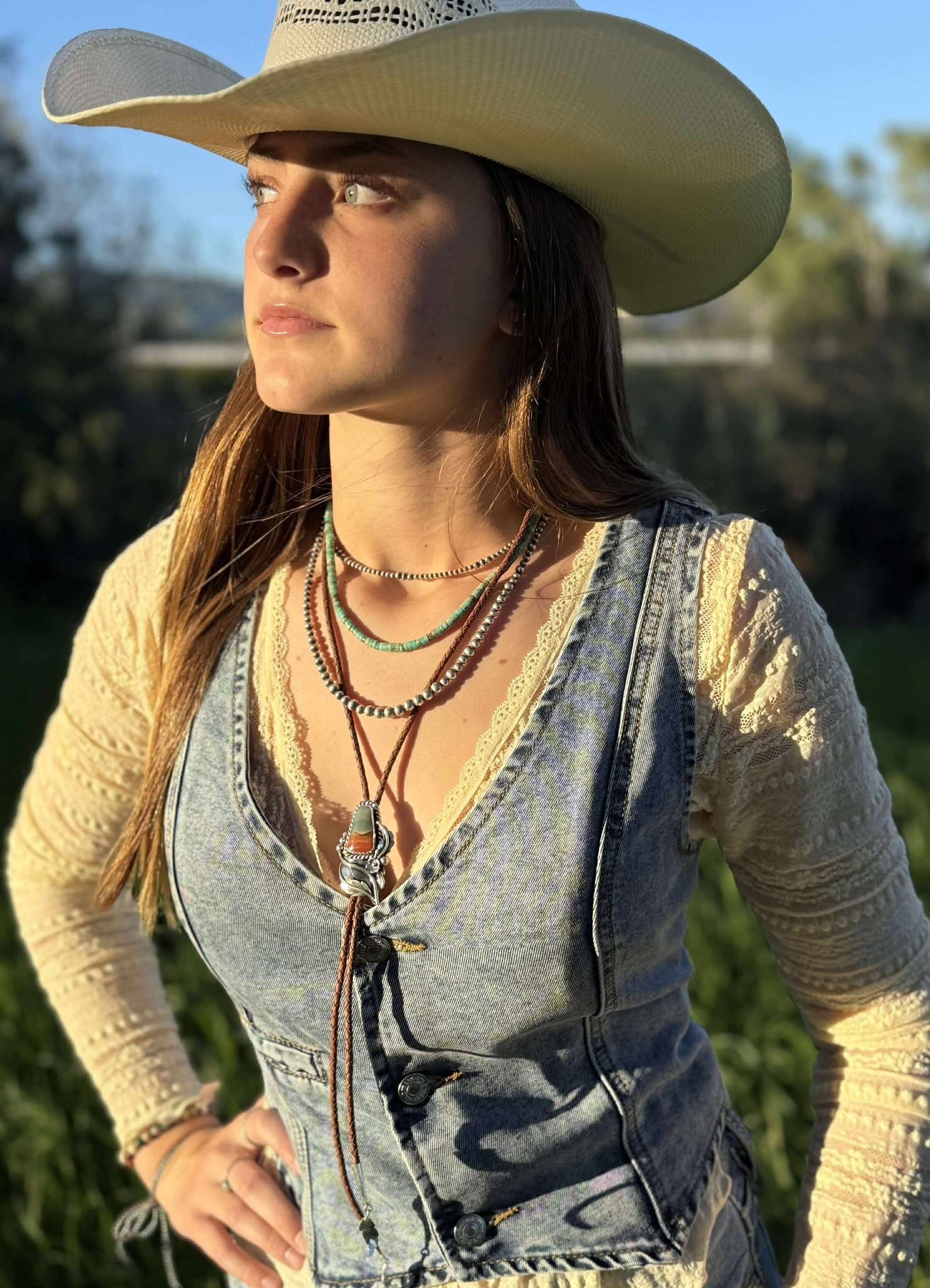 Jasper bolo tie showing size and proportions when worn