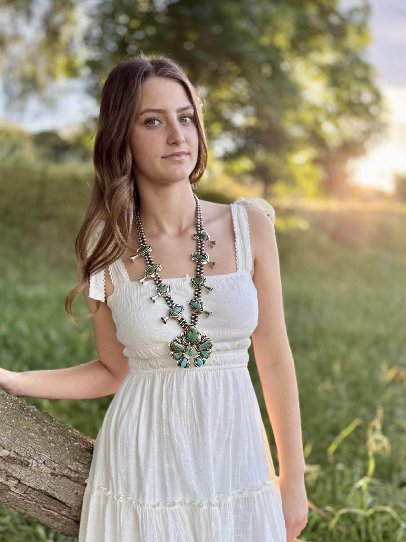 Ombre Royston turquoise squash blossom necklace worn, bold western boho statement jewelry