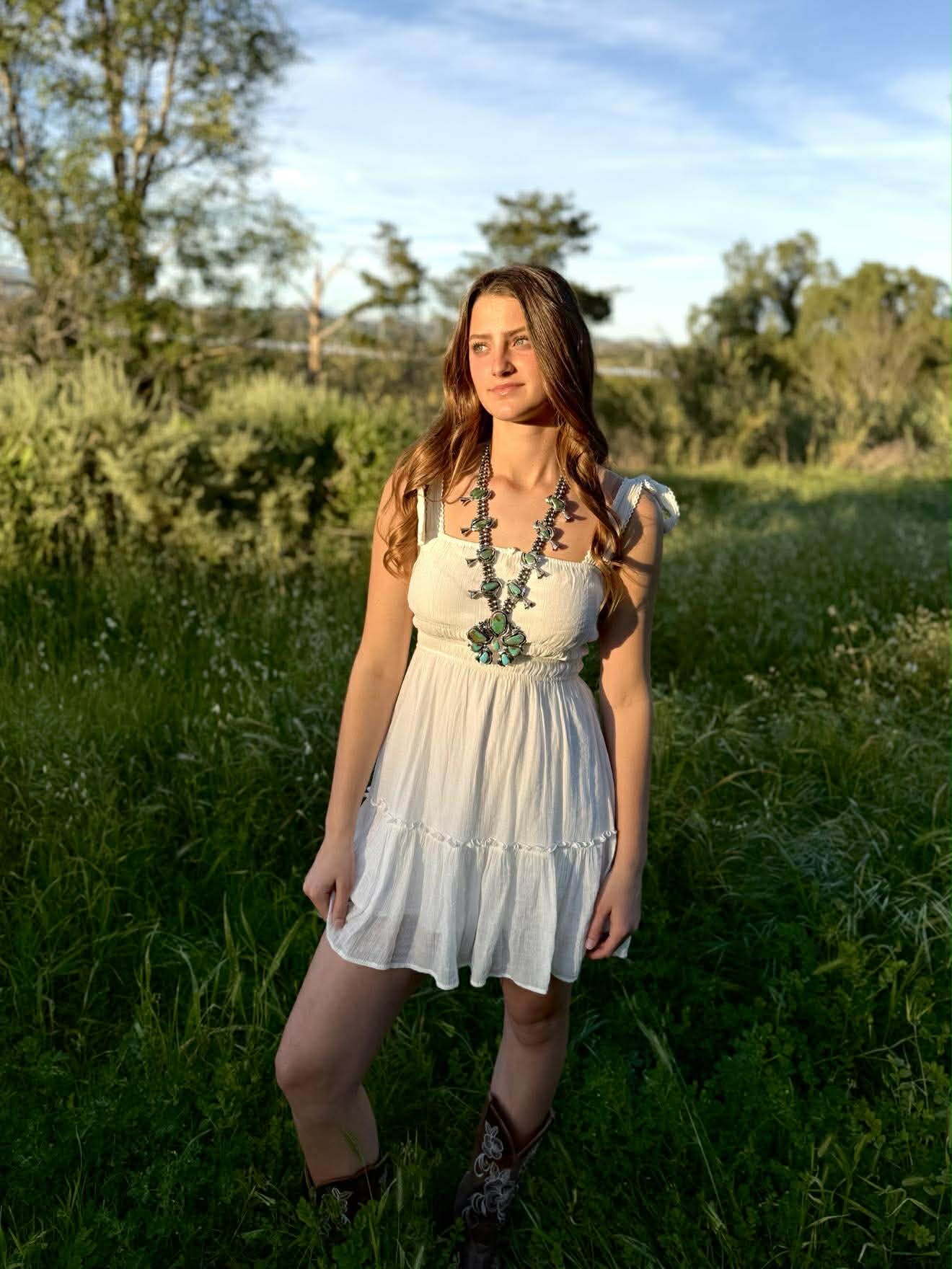 Ombre Royston turquoise squash blossom necklace worn, bold western boho statement Necklace