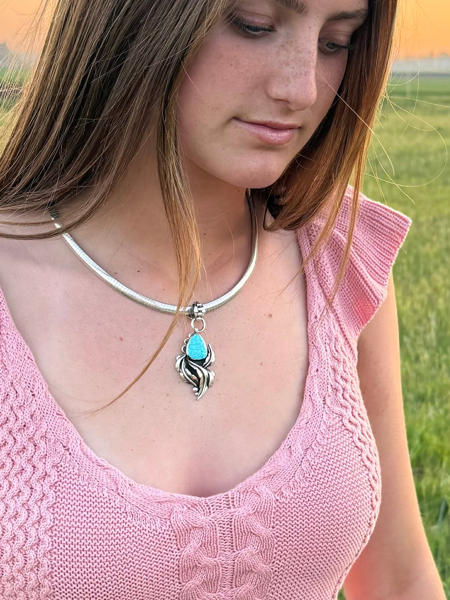 Persian turquoise necklace worn, boho western style jewelry