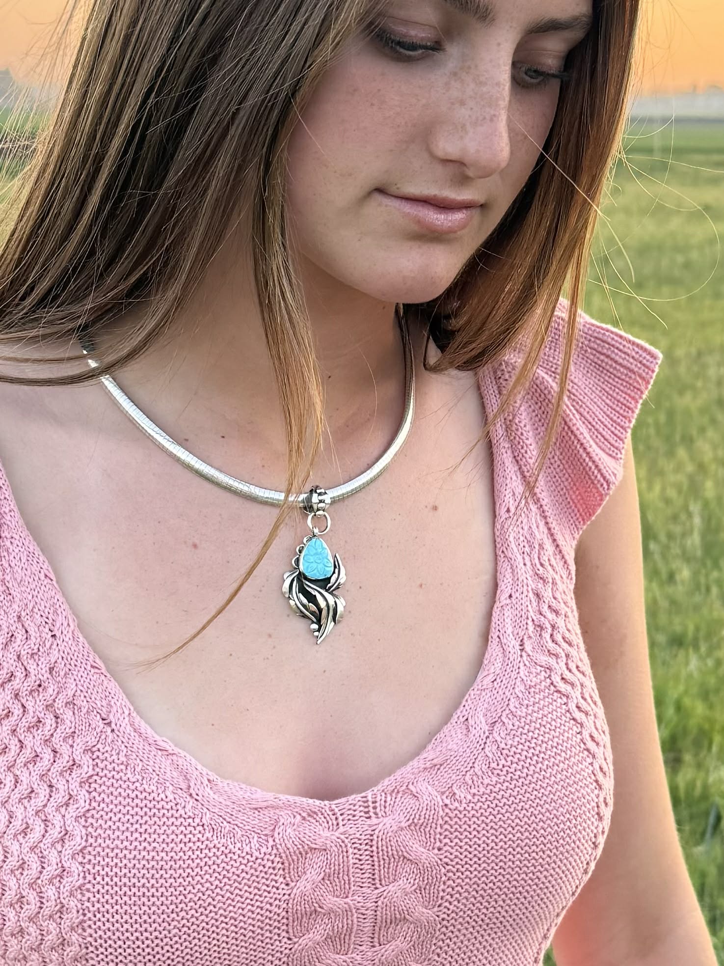 Persian turquoise necklace worn, boho western style jewelry