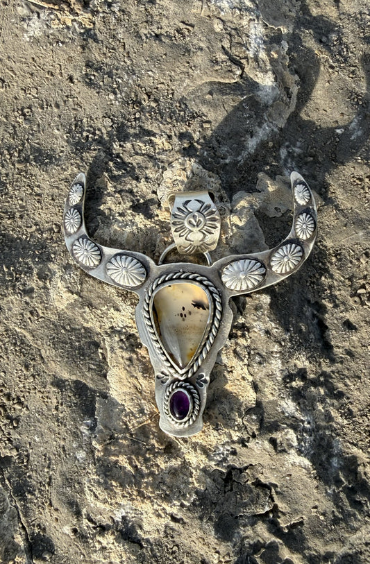 Handmade sterling silver longhorn pendant featuring scenic Montana Agate and Amethyst with handcrafted concho details.