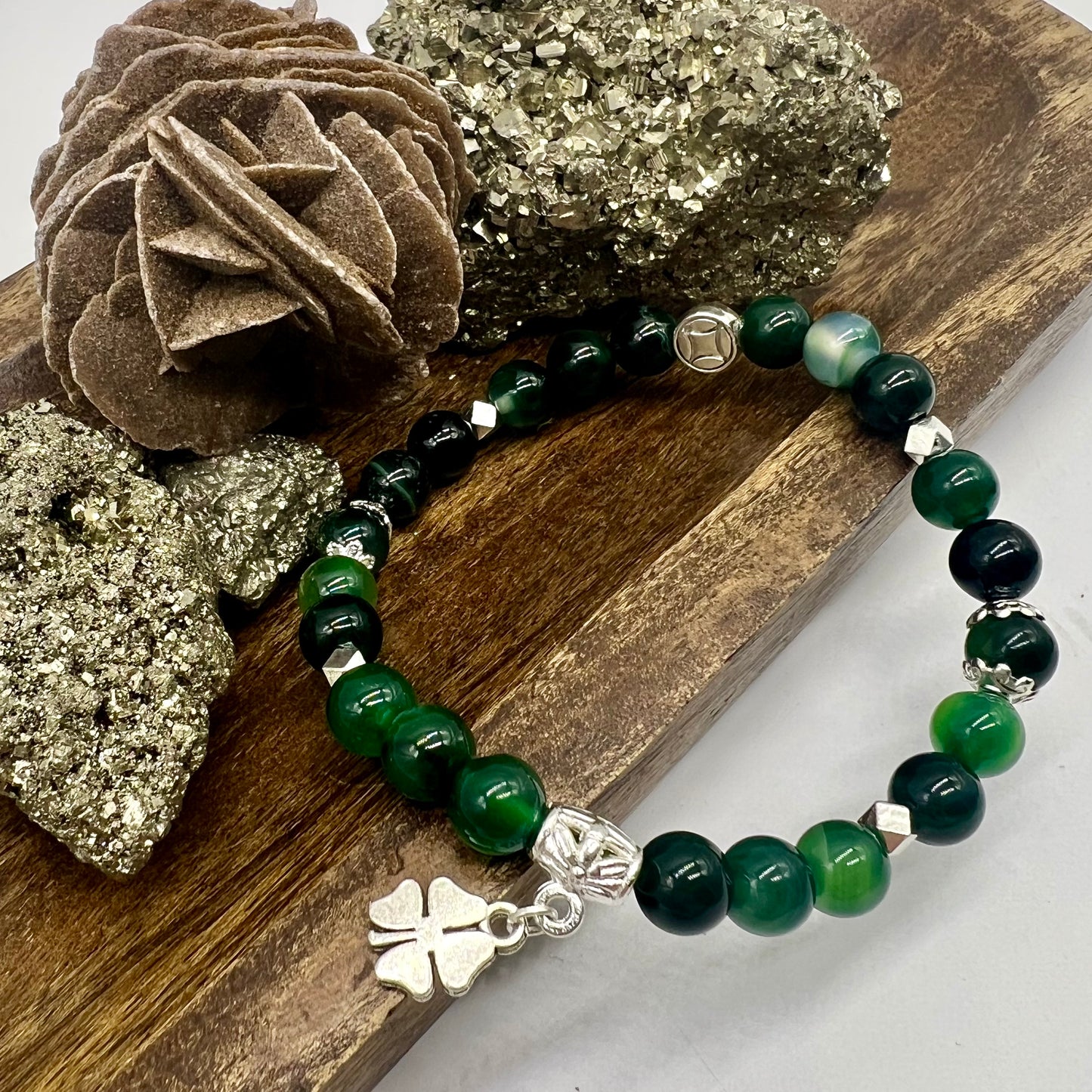 Green Tea Jade or Green Agate Shamrock Bracelet - Love, Compassion, Generosity, Calm, Abundance, Dreams, Joy, Protection