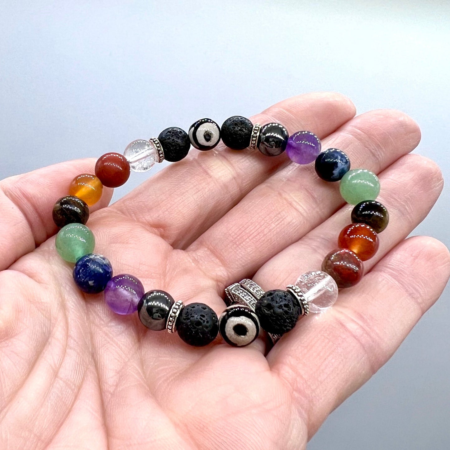 7 Chakra Crystal Bracelet with Evil Eye Agate & Lava Stone - Balance, Harmony, Focus, Cleansing, Fertility, Courage