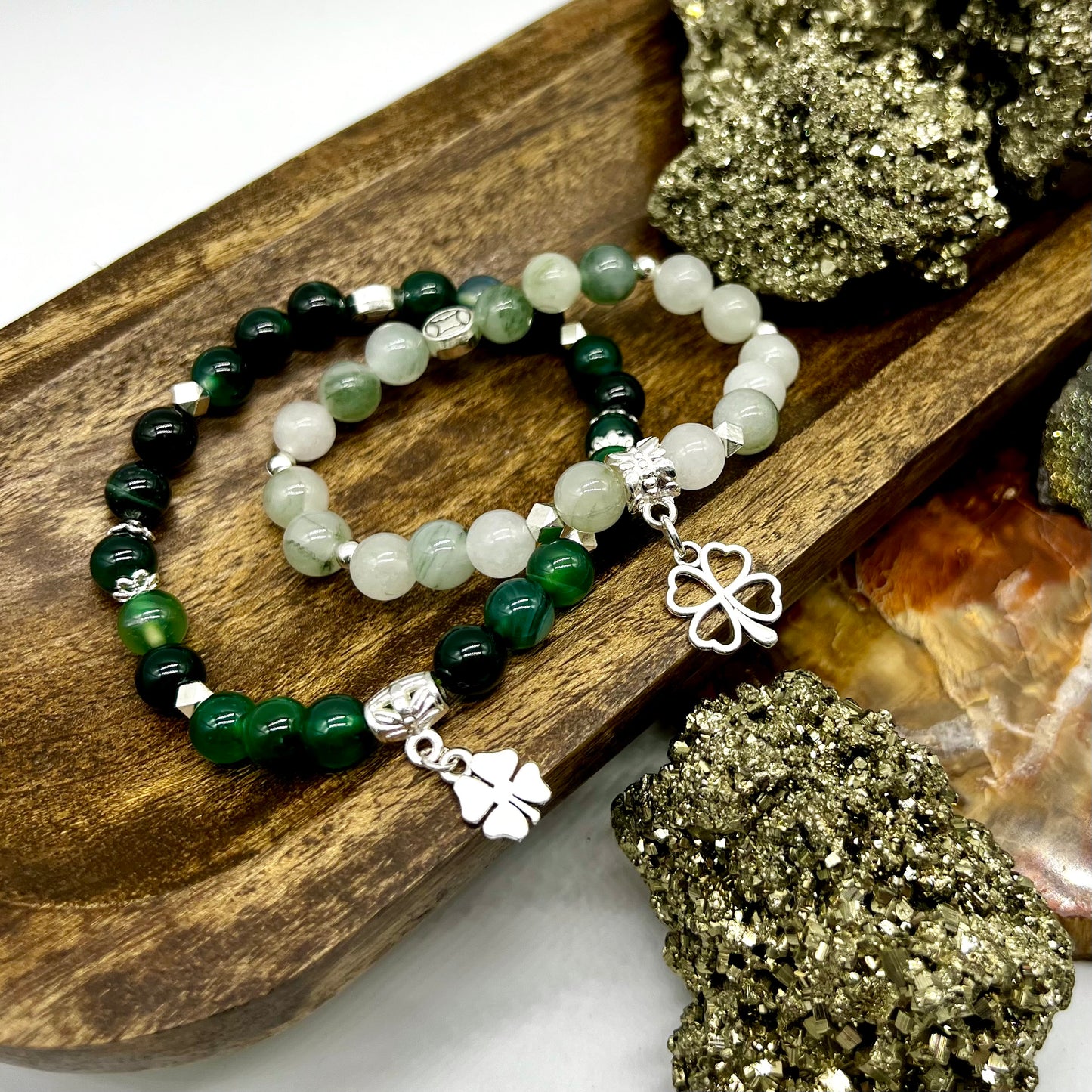 Green Tea Jade or Green Agate Shamrock Bracelet - Love, Compassion, Generosity, Calm, Abundance, Dreams, Joy, Protection