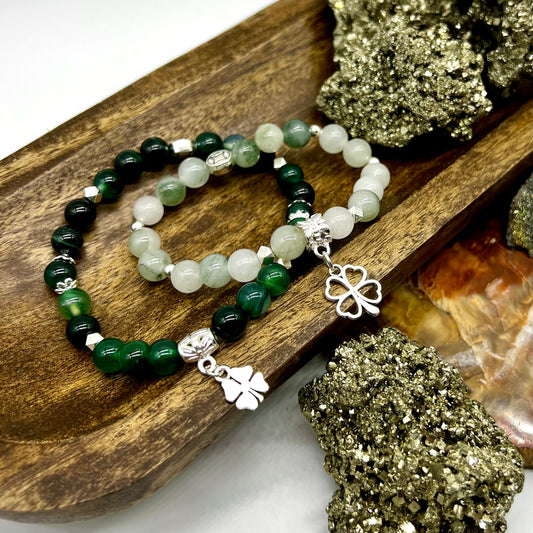Green Tea Jade or Green Agate Shamrock Bracelet - Love, Compassion, Generosity, Calm, Abundance, Dreams, Joy, Protection
