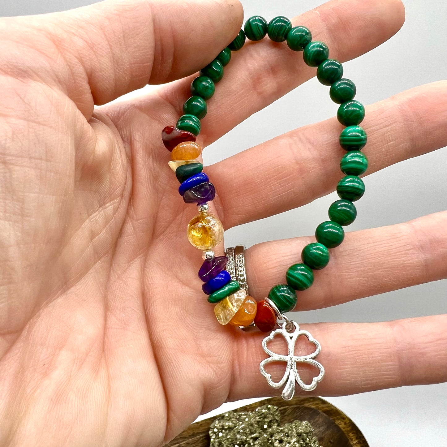 Malachite / Citrine Shamrock Bracelet - Protection, Balance, Trauma, Creativity