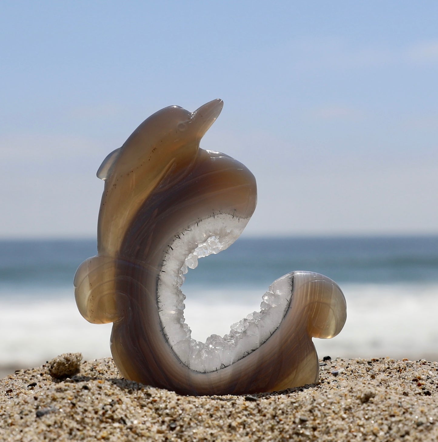 Druzy Agate Dolphin Carving with dendritic