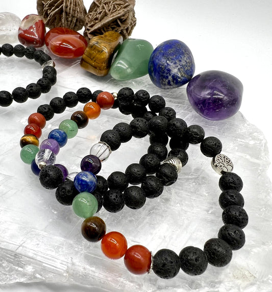 7 Chakra Crystal Bracelet with Lava Stone - Balance, Harmony, Focus, Cleanse, Fertility