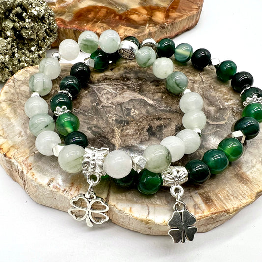 Green Tea Jade or Green Agate Shamrock Bracelet - Love, Compassion, Generosity, Calm, Abundance, Dreams, Joy, Protection