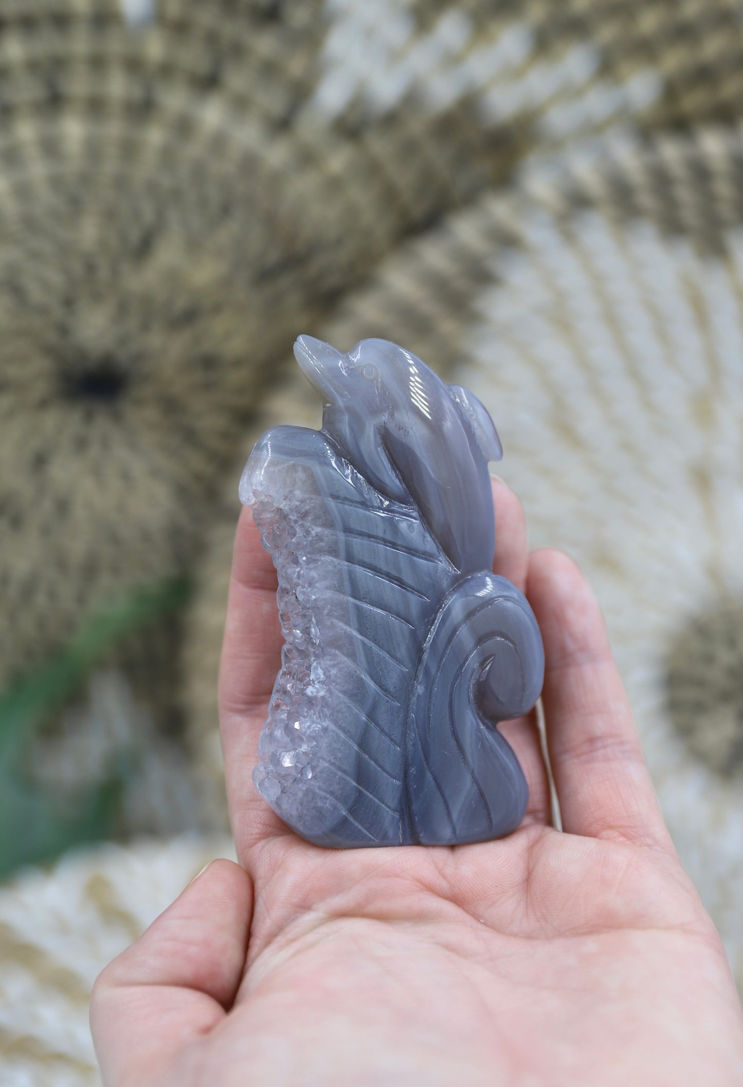 Druzy Agate Dolphin Carving-repaired