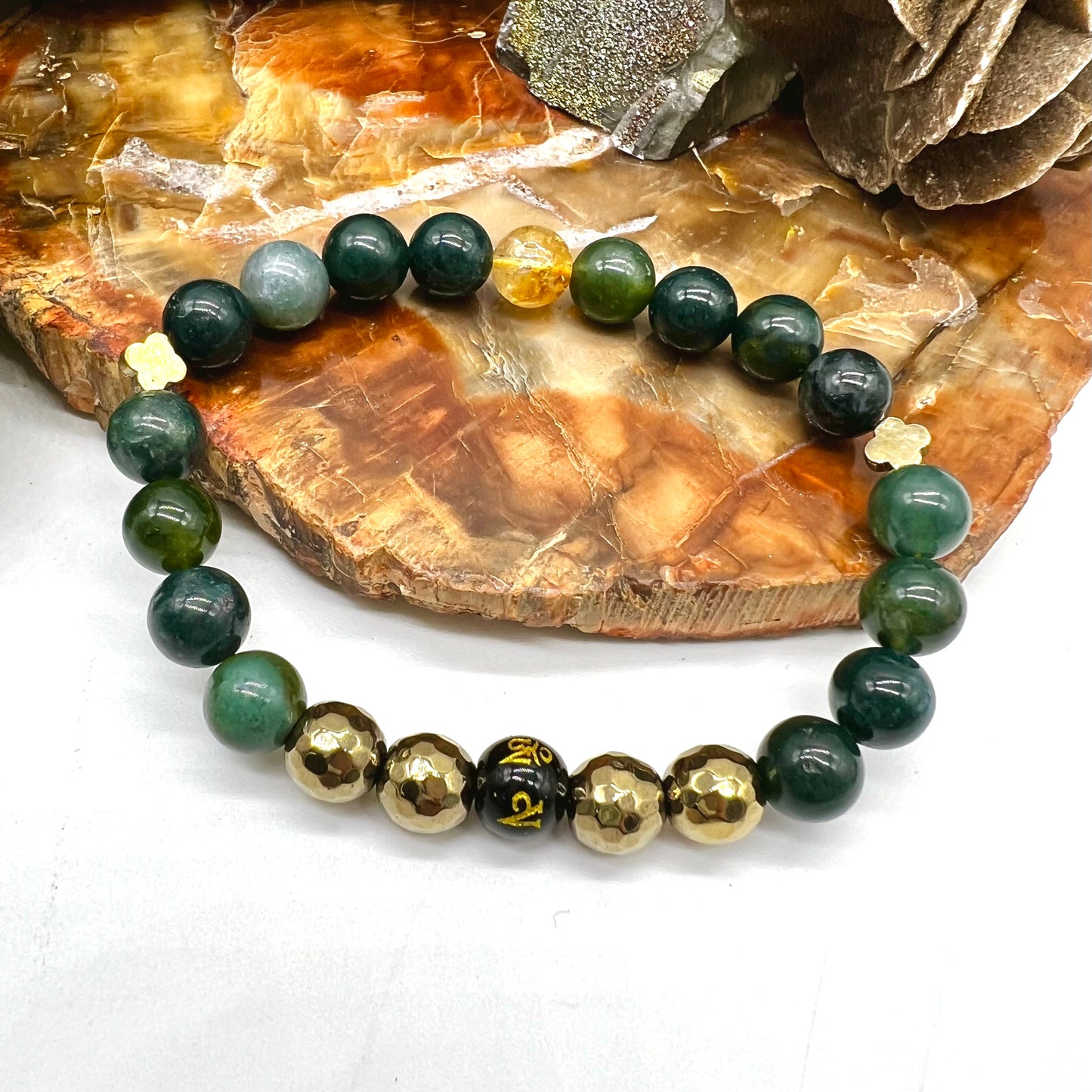 Moss Agate/Pyrite/Citrine Onyx Mantra Bracelet - EMF Blocker, Success, Prosperity, Abundance, Wealth, Money