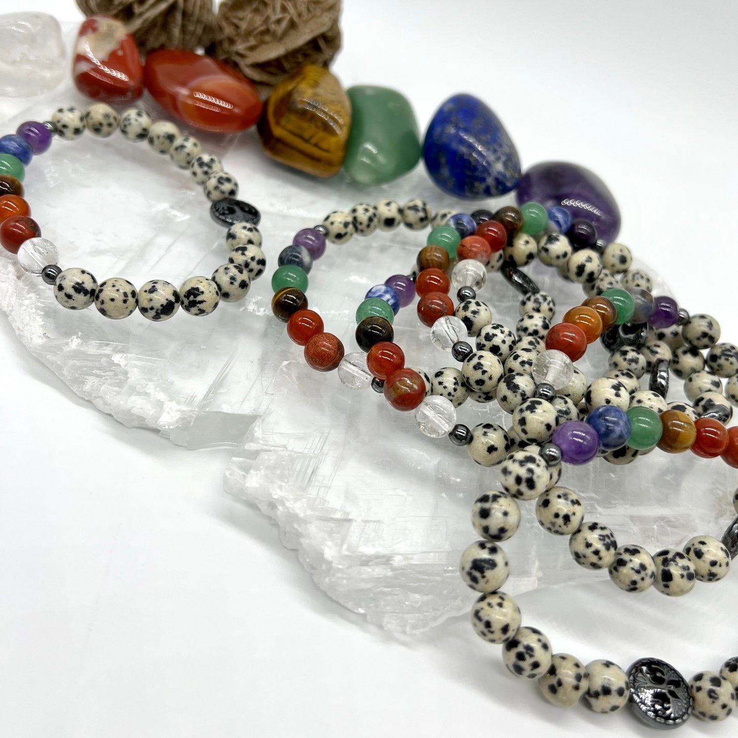 7 Chakra Crystal Bracelet with Dalmatian Jasper - Balance, Harmony, Focus, Joy