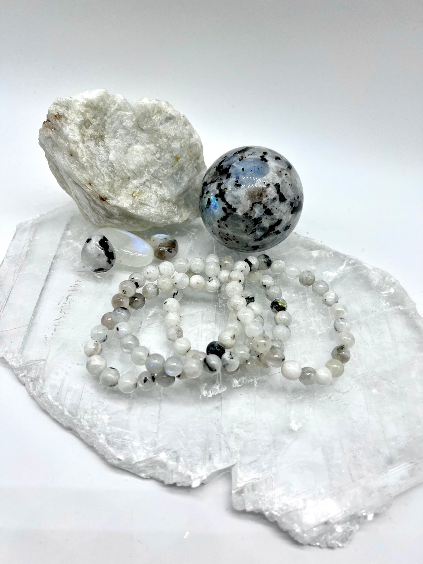 Rainbow Moonstone/Blue Flash Bracelet - Nurturing, Relaxation, Motivation, Joy, Trust