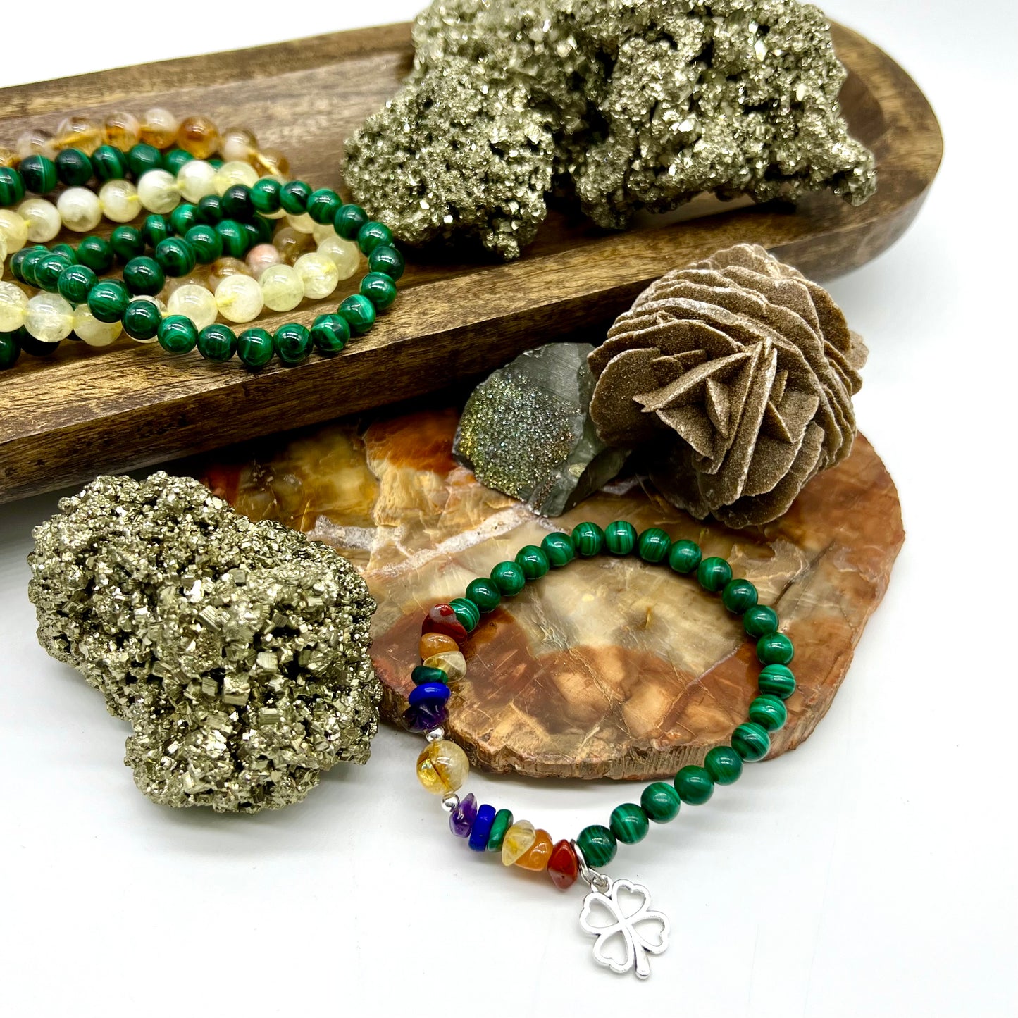 Malachite / Citrine Shamrock Bracelet - Protection, Balance, Trauma, Creativity